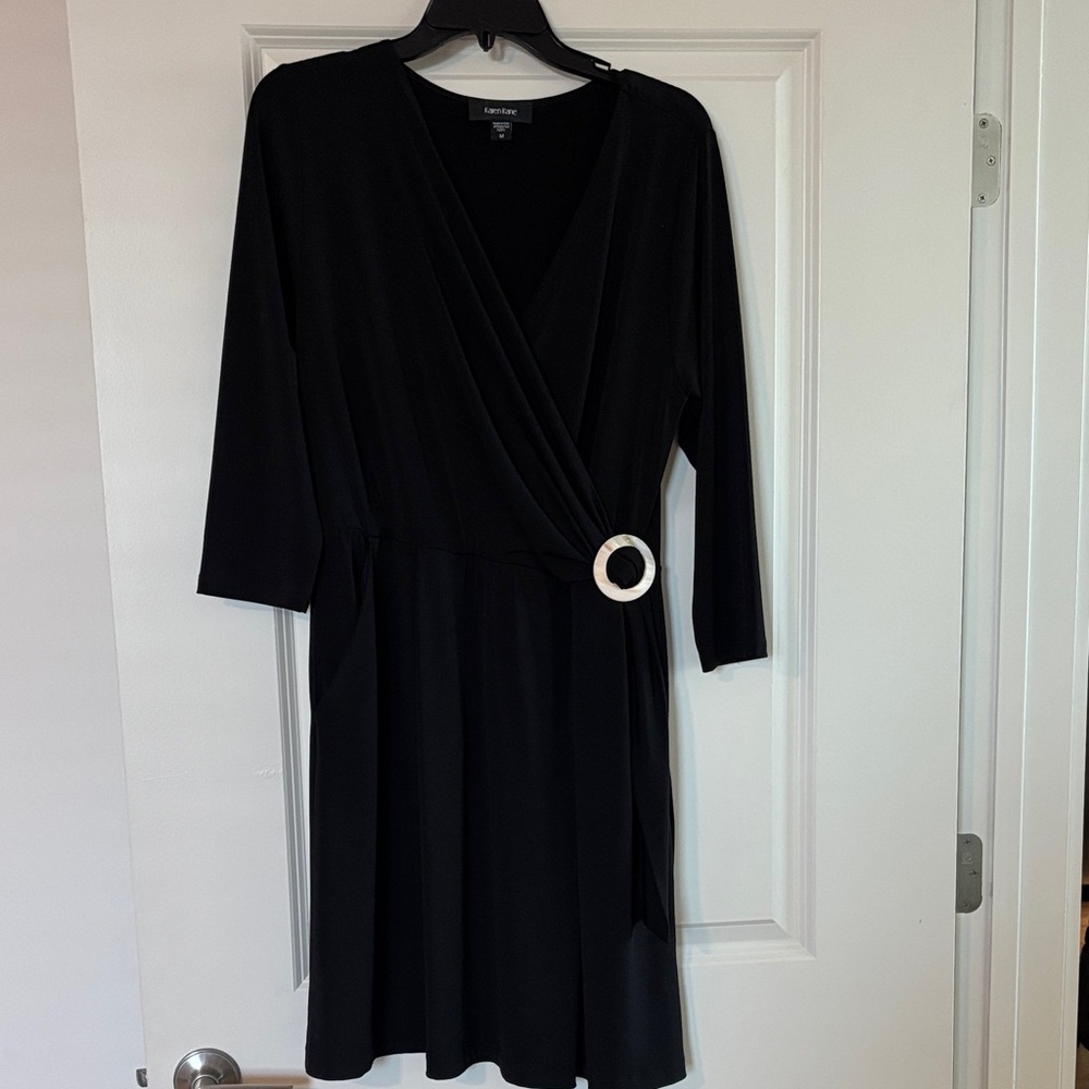 Karen Kane Black Faux Wrap Long Sleeve Dress with Ring Accent